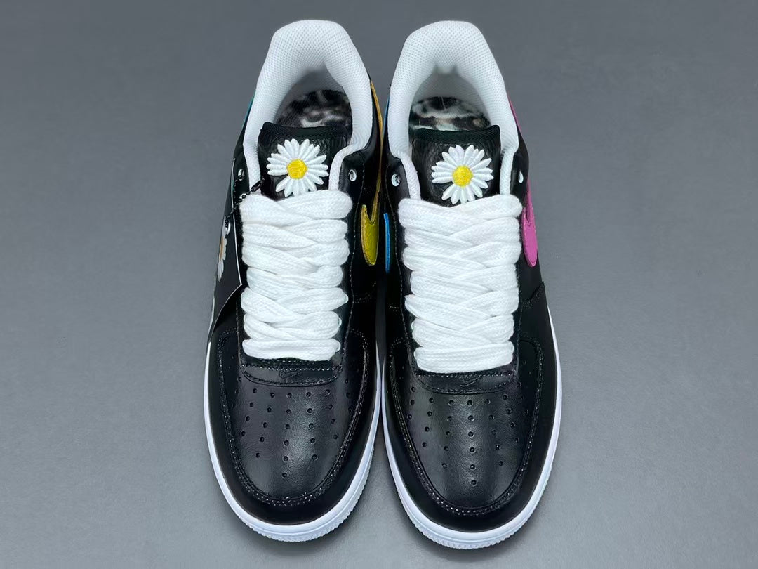 Black Leather Low Top Sneakers with Color Accent Design